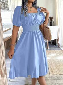 Rafferiza Green Square Neck Puff Sleeve Cinched Waist Women Dress, Spring/Summer - Baby Blue - View 3