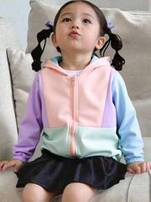 Mädchen Kapuzenjacke dünne Oberbekleidung, lässig und bequem, Herbst/Winter, Neu für Schulanfang, Strickjacke mit Reißverschluss, Farbblock, Langarm, tailliert