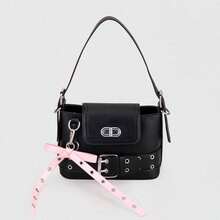 ROMWE Kawaii Túi xách nữ thời trang phong cách Y2K, chất liệu PU màu đen, điểm nhấn là nơ hồng, khóa kim loại hình mắt khí, khóa kéo trang trí, dây đeo vai điều chỉnh được. Túi có dây đeo vai điều chỉnh được, kiểu dáng xô, cá tính, ngọt ngào và sành điệu. - màu đen - Xem 6