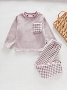 SHEIN Genkimix Kids 2件套女童毛绒格子长袖上衣和裤子休闲舒适柔软睡衣套装