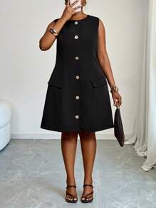 Slaydiva Plus Size Women Elegant Black Sleeveless Dress With Golden Buttons,Semi Formal Summer Bohemian Beach Music Festival,Business Casual Wedding Guest - Black - View 5