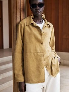 Lumivelle 女式简约宽松休闲仿麂皮长袖薄款夹克 - 黃色 - 查看 6