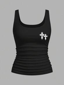 Slaydiva 女士休闲圆领防缩修身背心套装，百搭，十字印花，适合日常穿着 - 彩色 - 查看 5