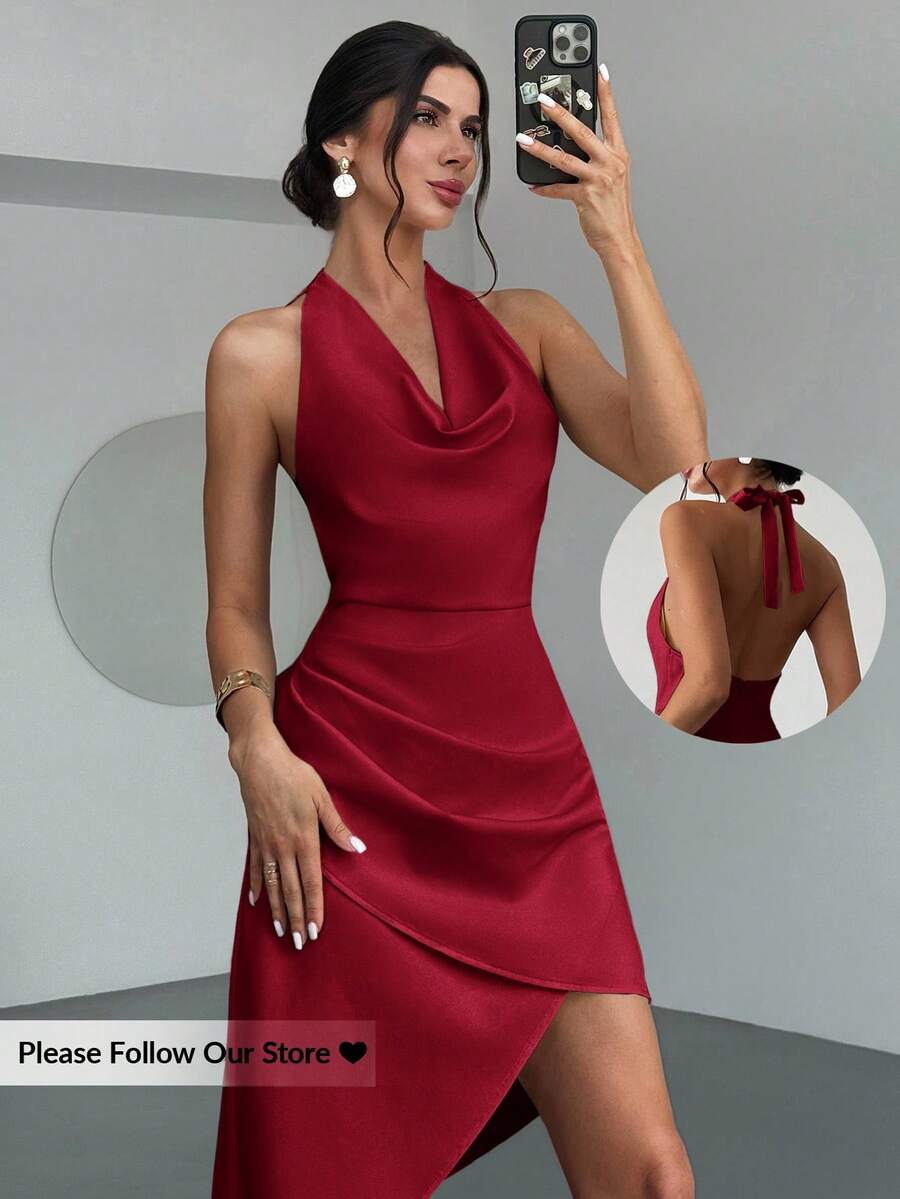 Firerie Elegancka, damska sukienka maxi z odkrytymi plecami i dekoltem halter, kolor morelowy, odpowiednia na randkę, wyjątkowe wakacje, sezon ślubny i lato - Burgund - Zobacz 1