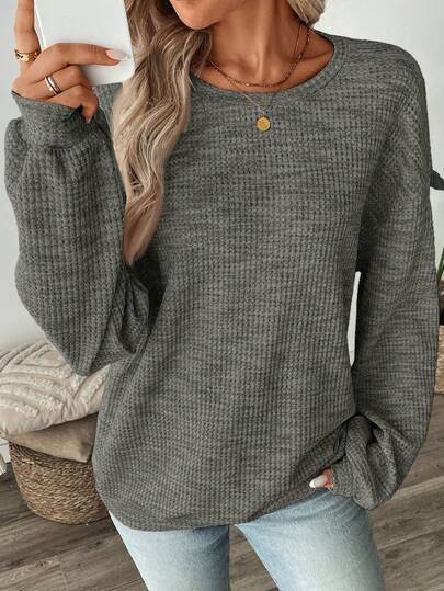 SHEIN CURVE+ 加大码纯色简约圆领长袖运动衫，女士日常秋冬装