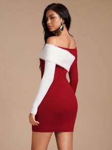 SHEIN Unity 聖誕紅白配色拼色毛茸露肩長袖針織洋裝，秋季優雅正餐休閒度假派對新年女款洋裝 - 紅色 - 查看 2