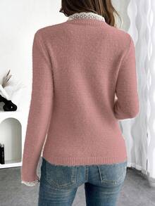 EMERY ROSE Fashionable & Sweet Lace Collar 3D Soft Faux Fur Pullover Sweater, Versatile For Autumn/Winter Fall Cloth For Women Women Pullover Cozy Sweater Women Sweater Fuzzy Sweater Lace Long Sleeve Sweater - Dusty Pink - View 2