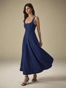 SHEIN LUNE 女式休闲束腰牛仔吊带连衣裙，夏季 - 藍色 - 查看 2