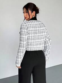 Firerie 加大码女式法式短款格子夹克，长袖，蝴蝶结装饰口袋，适合情人节、音乐会、演出 - 黑與白 - 查看 2