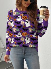 EMERY ROSE Sweat-shirt-shirt à manches raglan avec imprimé graphique de fantôme violet, citrouille et chauve-souris, grande taille - Multicolore - Voir 5