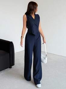 SHEIN 少女休闲简约舒适V领无袖上衣和裤子套装