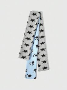 ROMWE Anime 1 件可爱猫爪和星星图案厚保暖柔软围巾，个性化蓝灰色拼接长围巾，适合日常搭配，冬季 - 彩色 - 查看 4