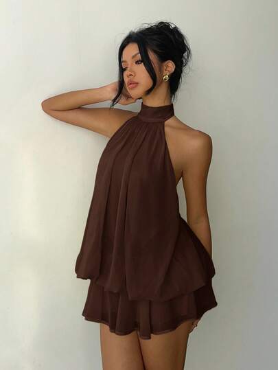 Aloruh 女士优雅棕色挂脖系带迷你连衣裙