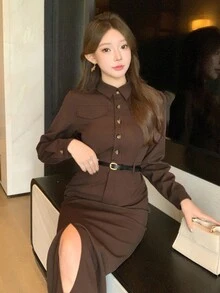 DAZY Women's Casual Solid Color Shirt Dress With Fake Pockets And Side Slits, Long Length, Autumn Maxi Dress - Brown - View 3