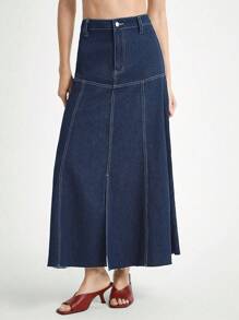 Daynim Chân váy denim xẻ tà chữ A trơn màu đơn sắc dành cho nữ - Rửa tối - Xem 4
