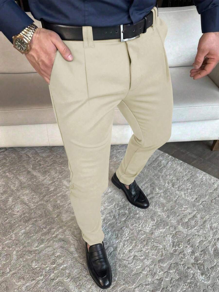 Calvornis Men's Solid Color Casual Business Travel Tapered Leg Suit Pants, Formal Formal, Ceremony - Beige - View 1
