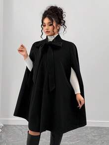 Elenzga 大码优雅蝴蝶结领斗篷 - 黑色 - 查看 4