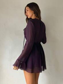 Aloruh Women's Elegant Sexy Deep V Ruffle Waist Cinched Waist Flare Sleeve Purple Mini Dress,Fall Dresses For Women, Women Night Out Dress,Women Dating Dress