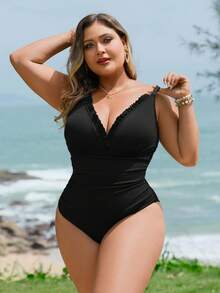 Swim Lushoire 大码女式性感优雅荷叶边连体泳衣