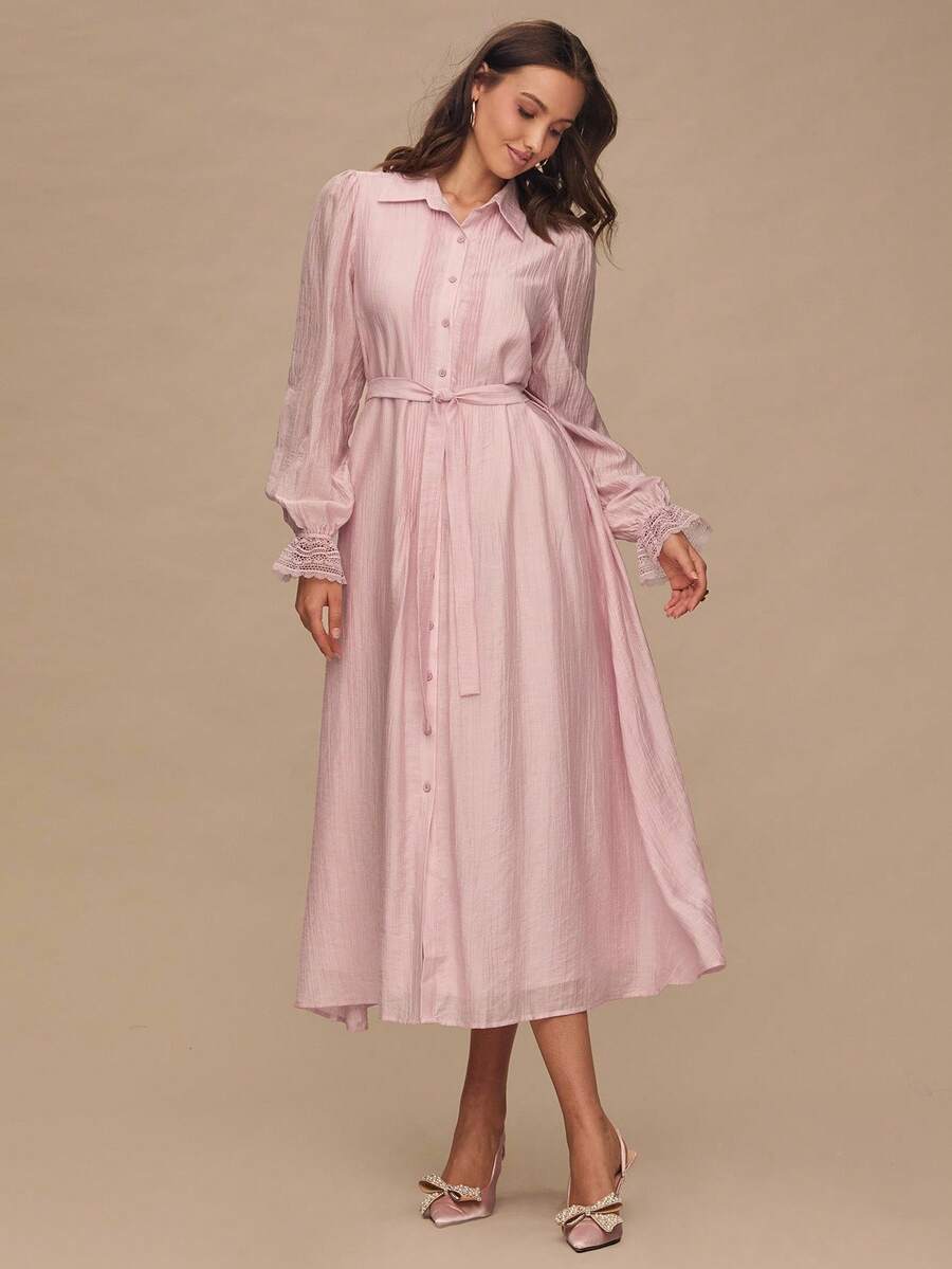 Enchnt 秋冬浪漫女士优雅粉色简约前扣撞色蕾丝长袖长裙 - 粉色 - 查看 1