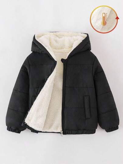 SHEIN Young Boys' Winter New Black Zipper Hooded Thermal Lined Thick Real Pocket Casual Classic Padded Coat, Autumn/Winter Fall