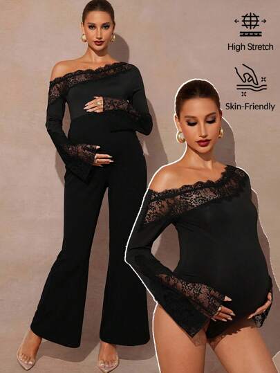 MaterniChic 孕妇纯色蕾丝拼布不对称肩部喇叭袖性感连体裤