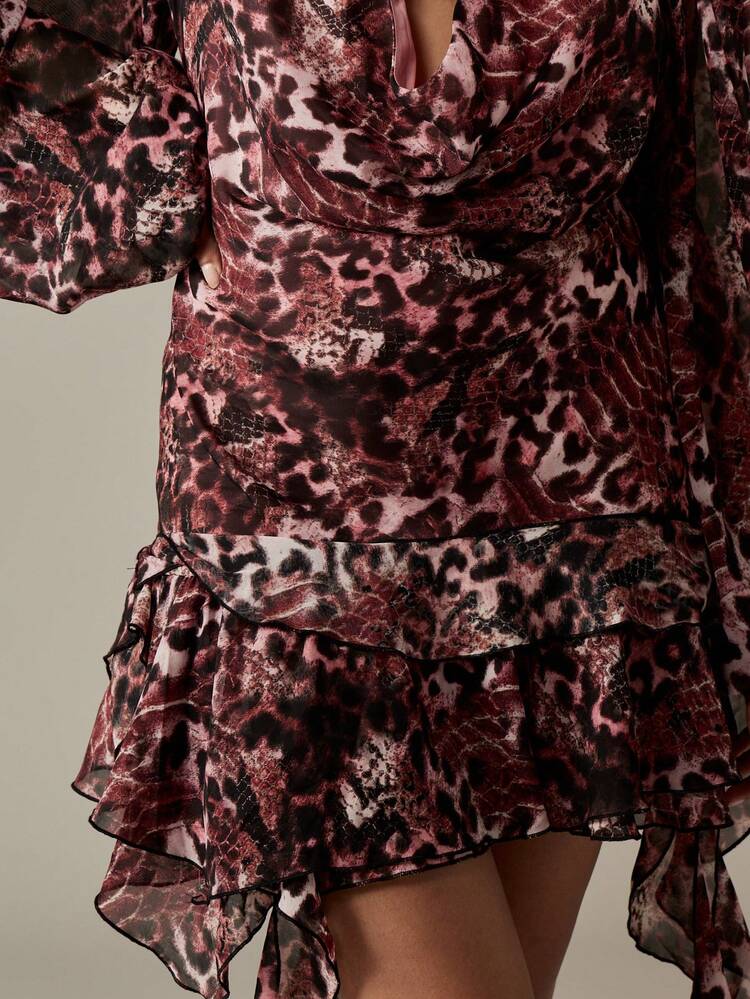 MISSGUIDED Cowl Neck Ruffle Mini Dress Animal Print Pattern Long Sleeve Chiffon Party Fall Winter Holiday Night Out Dinner