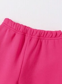 SHEIN 2 件套女婴时尚简约骑马印花连帽长袖羊毛运动衫和运动裤套装，适合秋冬季外出，粉色 - 玫紅色 - 查看 8