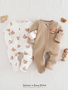 Cozy Pixies Set da 2 pezzi per neonato maschio, composto da body a maniche lunghe con collo a giro e pantaloni, in maglia morbida con motivo a orsetto cartoni animati