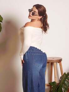 Lupita Cardoza Y2K Grunge 不对称领口莴苣边 T 恤 - 米色 - 查看 6