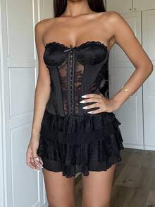 Ronhire Black Lace Patchwork Strapless Bustier & Multi-Layered Cake Mini Dress,Summer Dresses For Women - Black - View 3