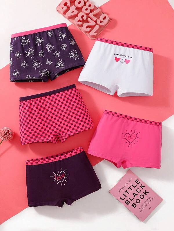 5件装 女童/学生 心形和棋盘格印花 舒适棉质内裤