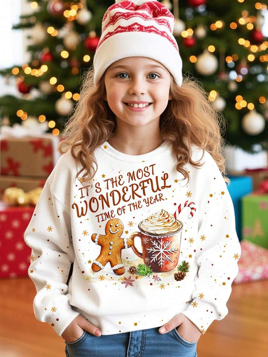 SHEIN Leap Crew 复古姜饼人、姜饼屋、可爱复古手绘圣诞印花,圣诞幼儿卫衣,少女休闲宽松圆领舒适长袖卫衣,适合秋冬季穿着 - 彩色 - 查看 1