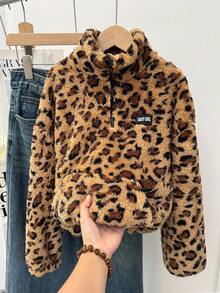 SHEIN Serisse Kids Tween Girls Casual Leopard Print Teddy Fleece Reversible Stand Collar Half-Zip Patch Pocket Loose Fit Long Sleeve Sweatshirt, Autumn/Winter, Fur Jacket Kids, Tween Plush Jacket, Kid Girl Jacket, Girls Cartoon Jackets Fall