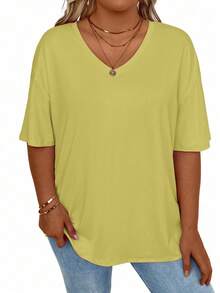 EMERY ROSE Plus Size Women V-Neck Dropped Shoulder Casual Loose Solid Color T-Shirt - Mustard Yellow - View 3
