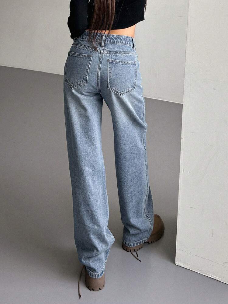 Women's Solid Color Slant Pocket Casual Loose Wide-Leg Jeans