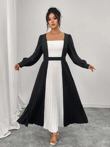 Elenzga Plus Size Elegant Commuter Color Block Pleated Dress Fall Cloth For Women - Black and White - View 3