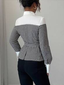 Elenzga Damen Lässig Pendler Vorderseite Knopf Karomuster Langarm Hemd, Herbst