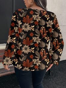EMERY ROSE Camisa de manga larga con cuello redondo de talla grande con estampado elegante de hojas de arce y flores, adecuada para blusas elegantes de primavera/otoño para mujeres, ropa de otoño para mujeres, blusa floral marrón, camisas de otoño para mujeres, blusas con estampado floral de otoño