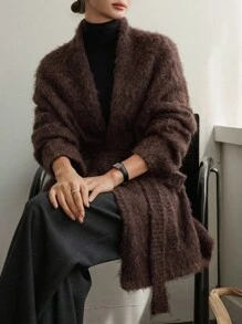 Dazy-Less Women's Thick Fleece Loose Business Casual Tie-Up Cinched Waist Knit Cardigan, Suitable For Office Wear In Autumn & Winter - Brown - View 9