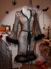 SHEIN SilkySpell 性感蜘蛛网网状长袍，透视修身镂空迷人睡袍，适合万圣节 - 黑色 - 查看 8