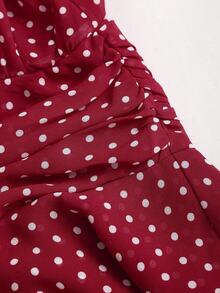 Sweetra 女式新款优雅波尔卡圆点褶饰多层下摆纽扣长袖衬衫裙 - 紅色 - 查看 6