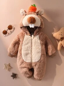 SHEIN Playful Pals 新生儿可爱水豚毛绒连帽连体衣、长袖和裤子套装