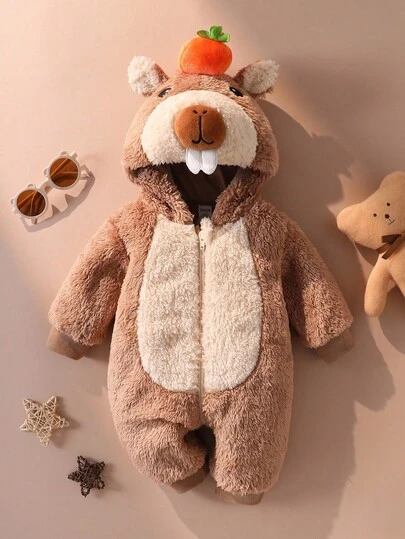 SHEIN Playful Pals 新生儿可爱水豚毛绒连帽连体衣、长袖和裤子套装