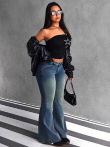 SHEIN ICON Embroidered High-Waisted Flare Jeans - Blue - View 4