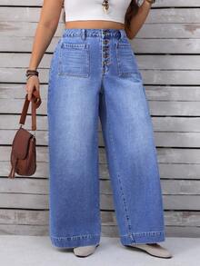 EMERY ROSE Plus Size Women High Waist Wide Leg Jeans With Buttons And Pockets Casual Street Patchwork Pocket Loose Wide Leg Jeans Women Jeans Baggy Loose Jeans,Fall Clothes For Women - Medium Wash - View 7