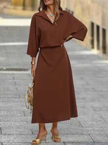 SHEIN Clasi Women's Elegant Autumn Shirt Dress 2 Pieces Set,Coffee Brown Vintage French Style Outfit,Teacher Outfits,Fall Clothes,Brunch Country Suit - Mocha Brown - View 3