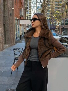 DAZY Women's Casual Loose Fit Short Fluffy Jacket, Elegant Minimalist Fashion Outerwear For Commuting, Autumn/Winter Women Coats - Brown - View 4