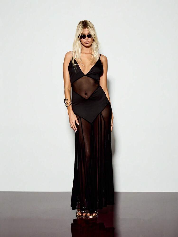 KIZN Sheer Paneled Maxi Dress Black Mesh Panel Floor Length Evening Gown Plunge Neck Adjustable Straps V Back Elegant Holiday Party Dress