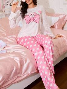 SHEIN 可爱蝴蝶结泰迪熊爱心撞色印花休闲柔软女童睡衣套装，秋冬可爱睡衣套装，蕾丝爱心睡衣套装，蝴蝶结睡衣套装，粉色睡衣套装，蝴蝶结睡衣，可爱睡衣，女童睡衣 - 彩色 - 查看 1